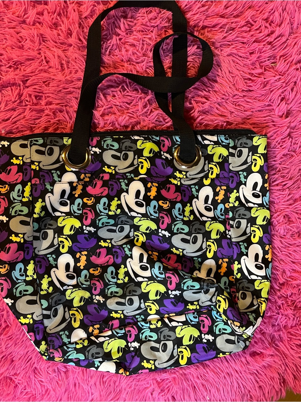 Disney Mickey Mouse Multicolor Character Print Canvas Tote Bag with Black Straps